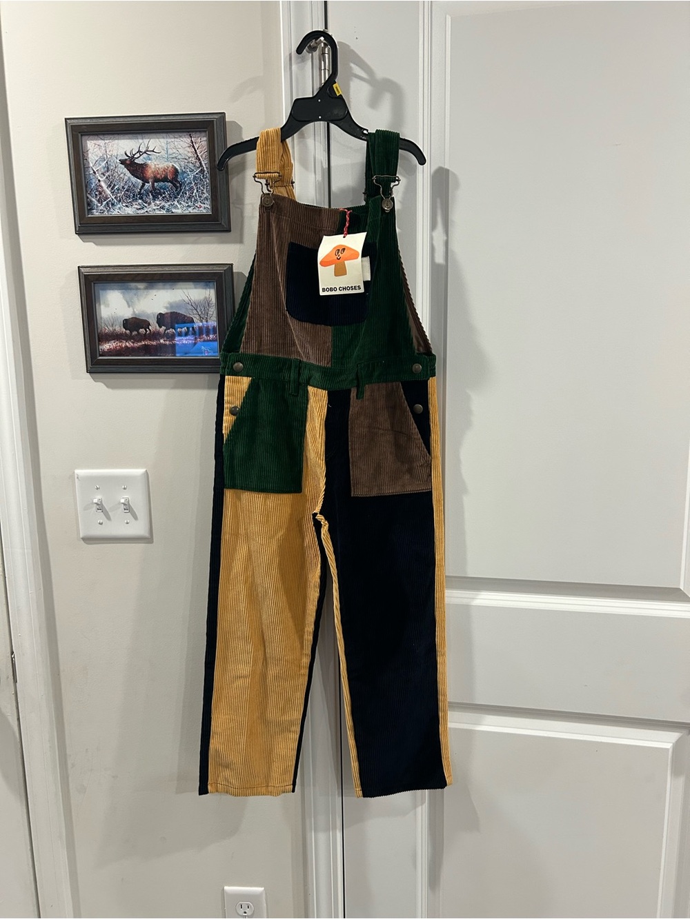 Bobo Choses Multicolor Corduroy Patch Overalls - Green, Mustard, Brown, Navy